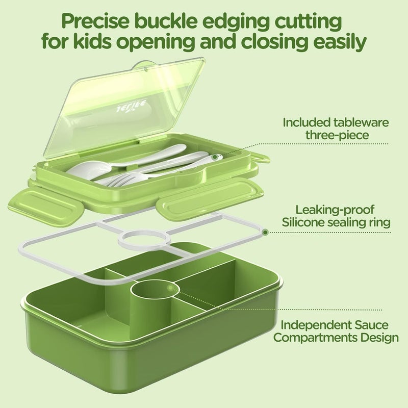 Jelife Bento Box Kids Lunch Box - Large Bento-Style Leakproof with 4 Compartments Food Storage Container with Tableware for Kids Back to School, Reusable On-the-Go Meal and Snack Packing, Green - Image 3